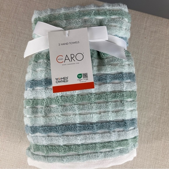 Caro Home Striped Hand Towels - Green Blue White Textured 100% Cotton 2 pc NEW - Picture 5 of 6
